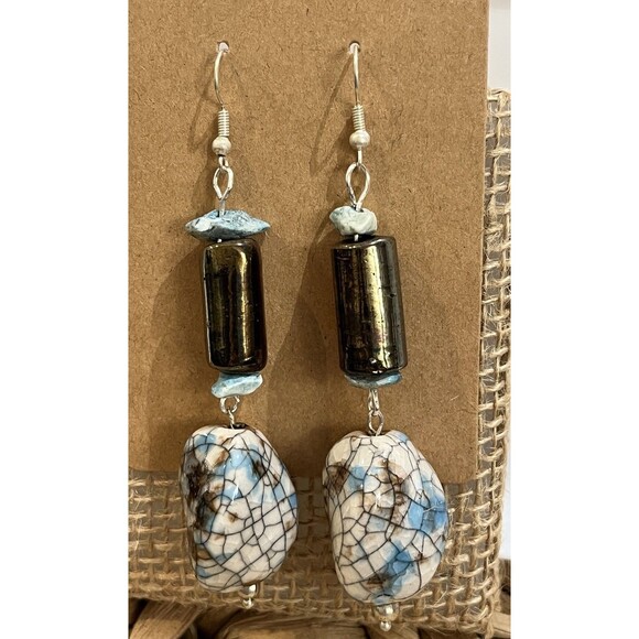 Hand Made Glass Beads & Turquoise Dangle Drop Earrings Boho Art To Wear Gypsy - Picture 1 of 7